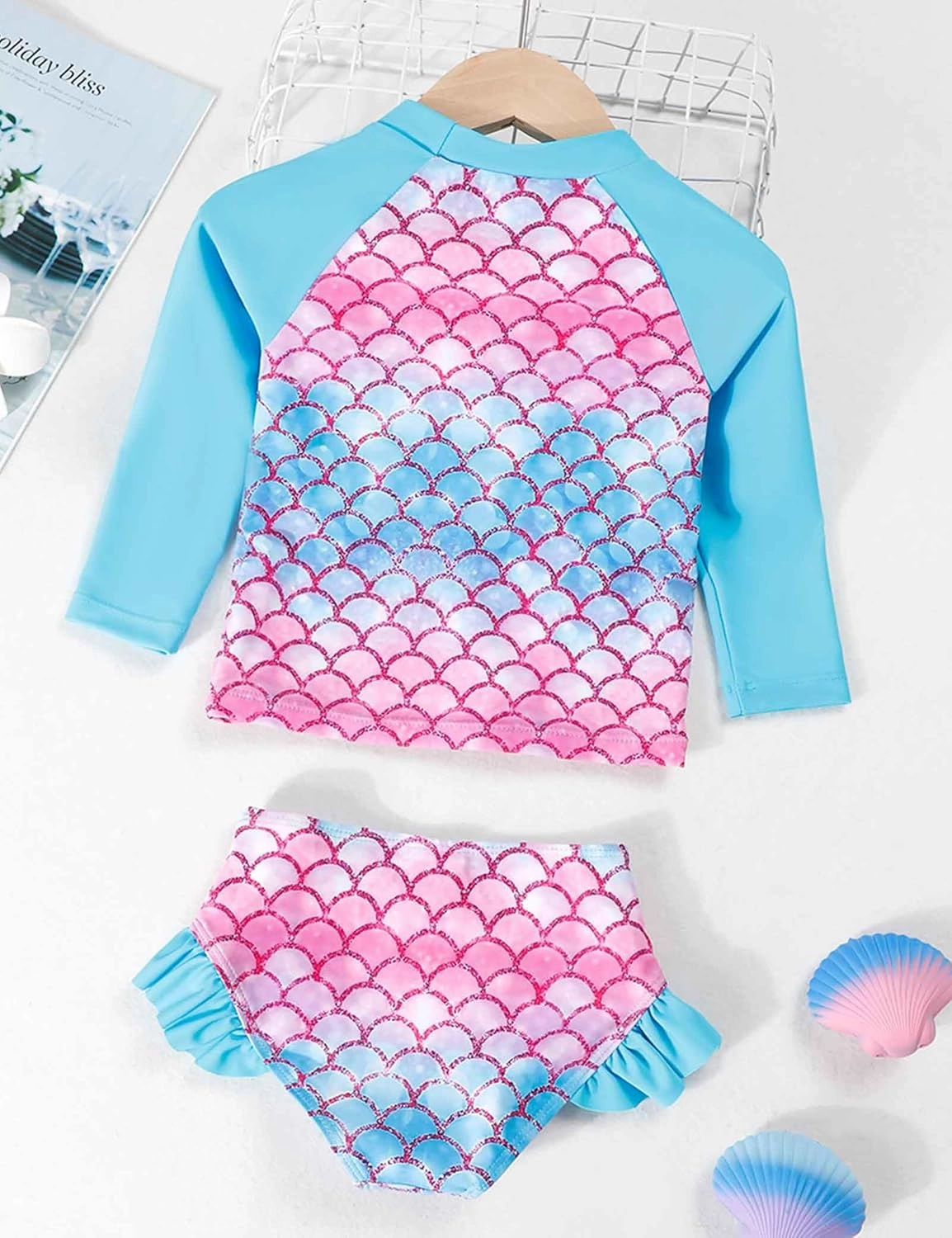Little Girls Swimsuit Rash Guard Set Toddler Girl Long Sleeve Two Piece Bathing Suit with Ruffle Bikini Bottoms Swimwear