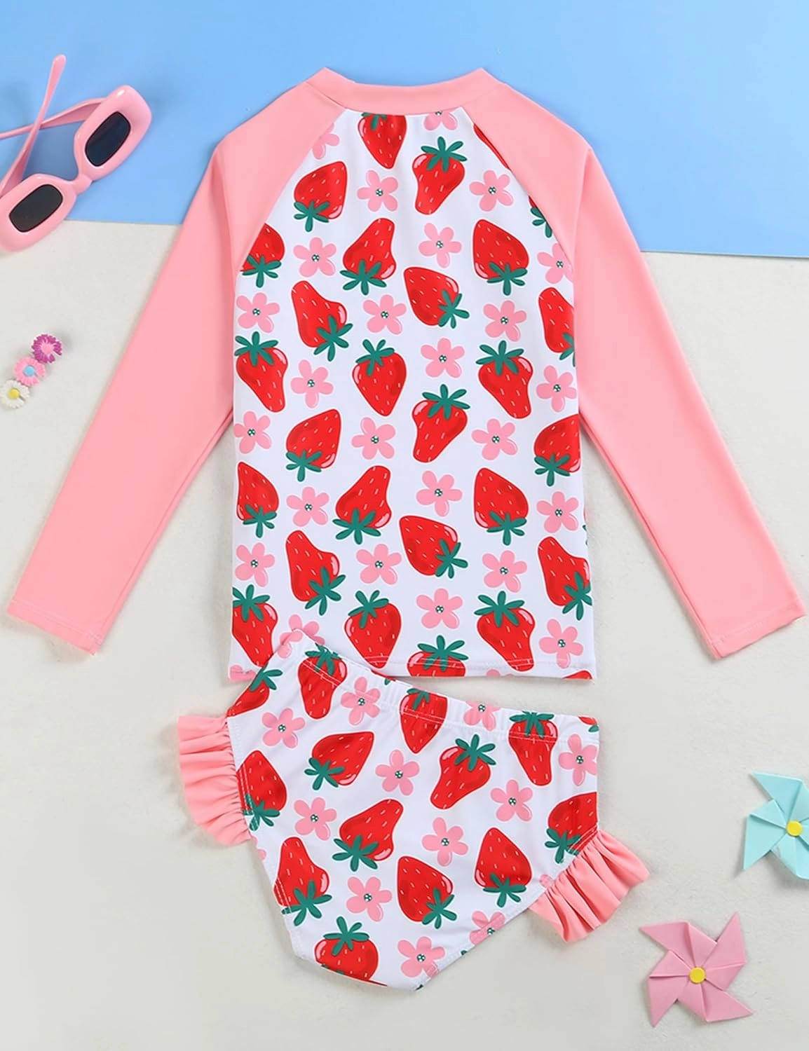 Little Girls Swimsuit Rash Guard Set Toddler Girl Long Sleeve Two Piece Bathing Suit with Ruffle Bikini Bottoms Swimwear