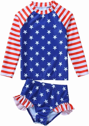 Little Girls Swimsuit Rash Guard Set Toddler Girl Long Sleeve Two Piece Bathing Suit with Ruffle Bikini Bottoms Swimwear