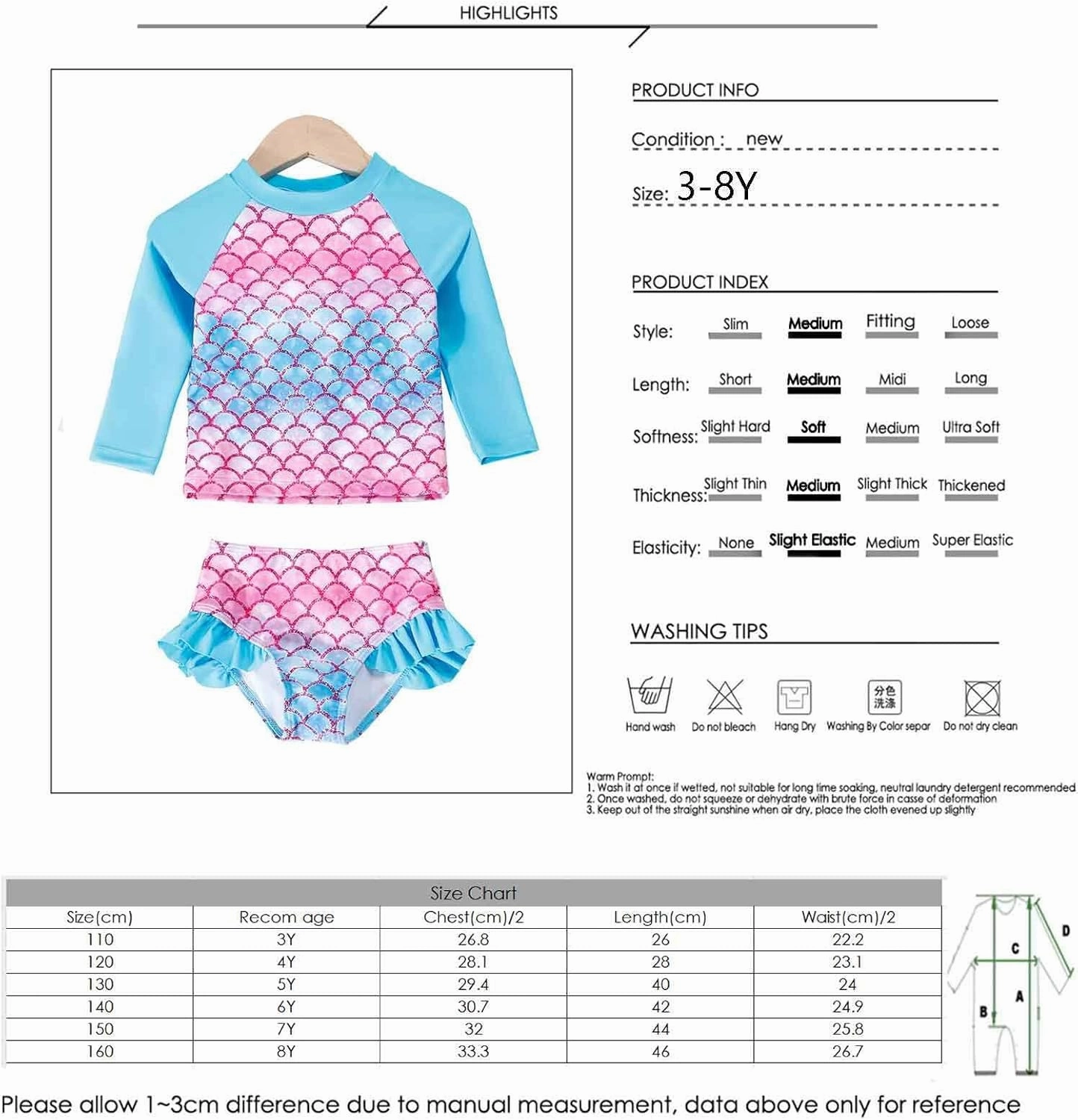 Little Girls Swimsuit Rash Guard Set Toddler Girl Long Sleeve Two Piece Bathing Suit with Ruffle Bikini Bottoms Swimwear