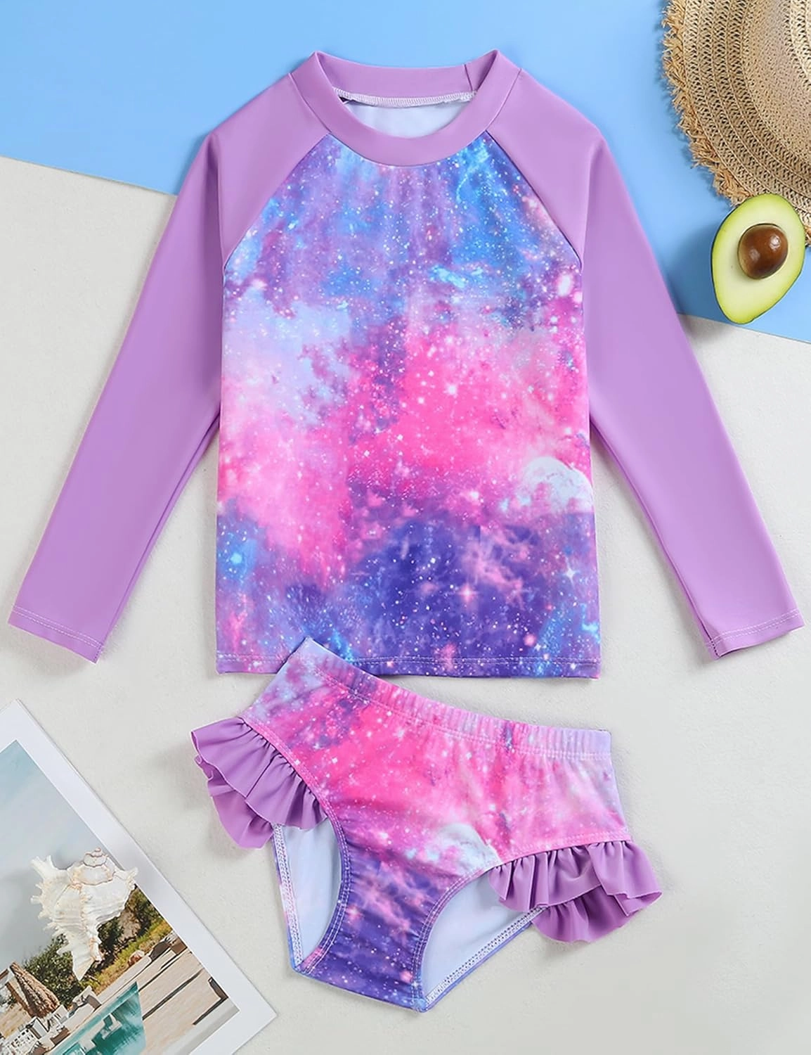 Little Girls Swimsuit Rash Guard Set Toddler Girl Long Sleeve Two Piece Bathing Suit with Ruffle Bikini Bottoms Swimwear