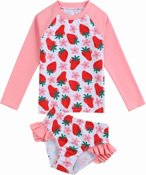 Little Girls Swimsuit Rash Guard Set Toddler Girl Long Sleeve Two Piece Bathing Suit with Ruffle Bikini Bottoms Swimwear