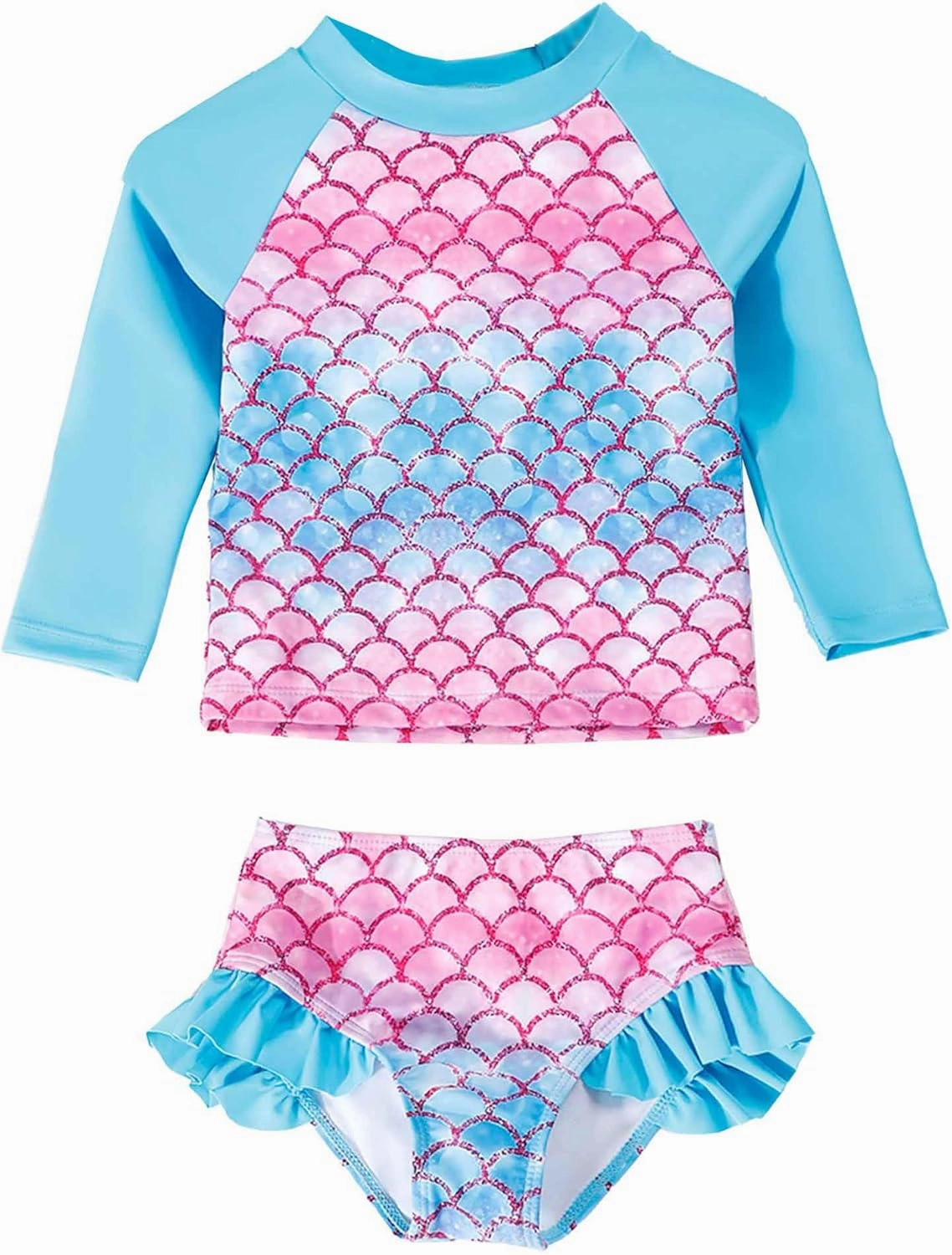 Little Girls Swimsuit Rash Guard Set Toddler Girl Long Sleeve Two Piece Bathing Suit with Ruffle Bikini Bottoms Swimwear