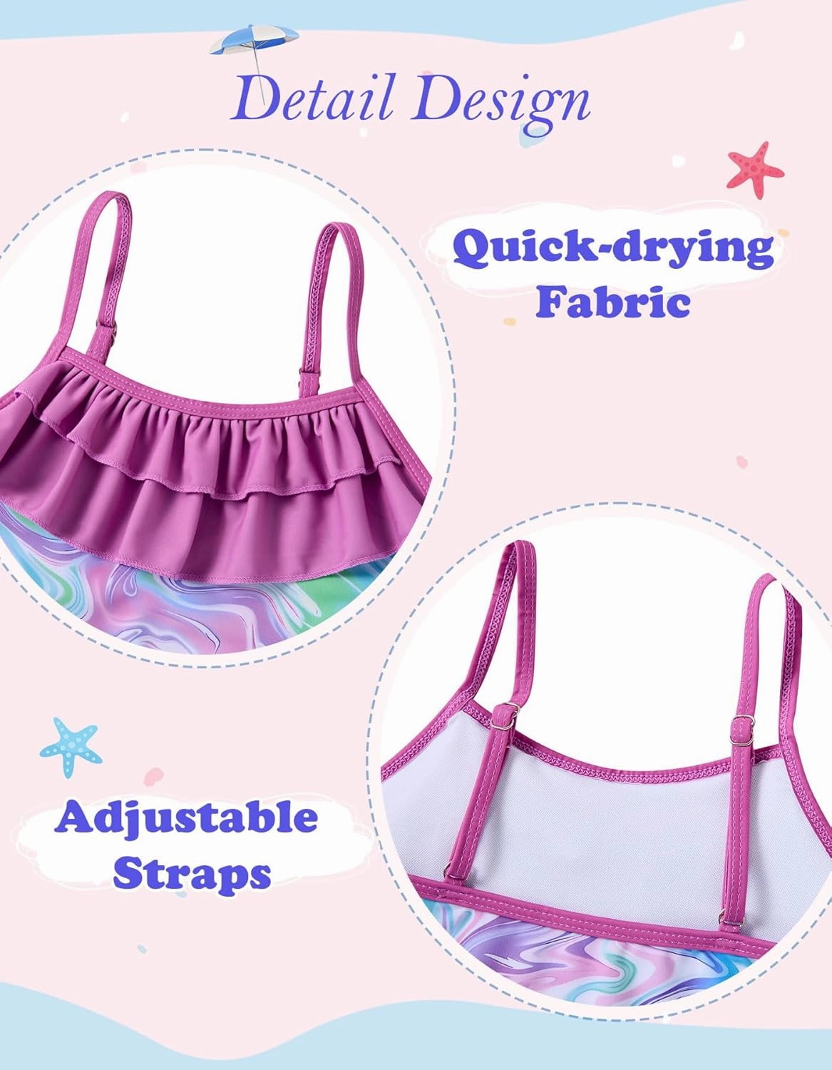 Little Girls Two Piece Mermaid Bikini Set Ruffle Adjustable Summer Beach Bathing Swimsuit 3-7 Years for Kids