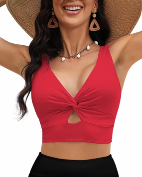 LookbookStore Tankini Tops for Women Cut Out Long Bikini Top Twist Knot Padded Adjustable Swimsuit Tops Only Resort Wear