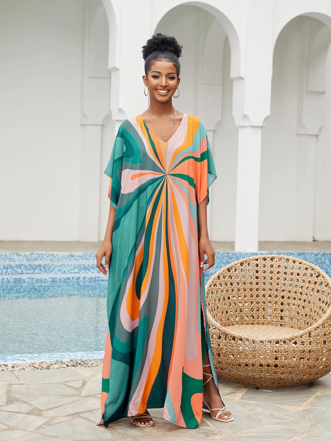 LOUSEA Caftans for Women Plus Size Swim Cover up Vneck Batwing Dress Loose fit Moroccan Caftan mumu Dresses for Women