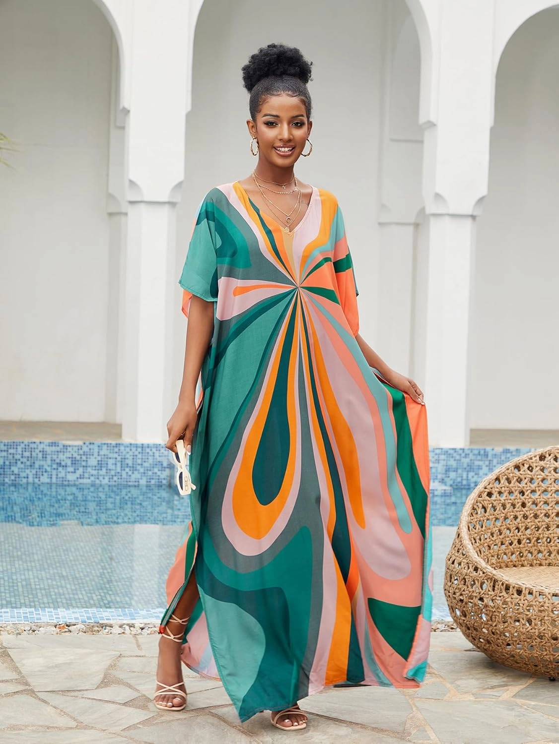 LOUSEA Caftans for Women Plus Size Swim Cover up Vneck Batwing Dress Loose fit Moroccan Caftan mumu Dresses for Women