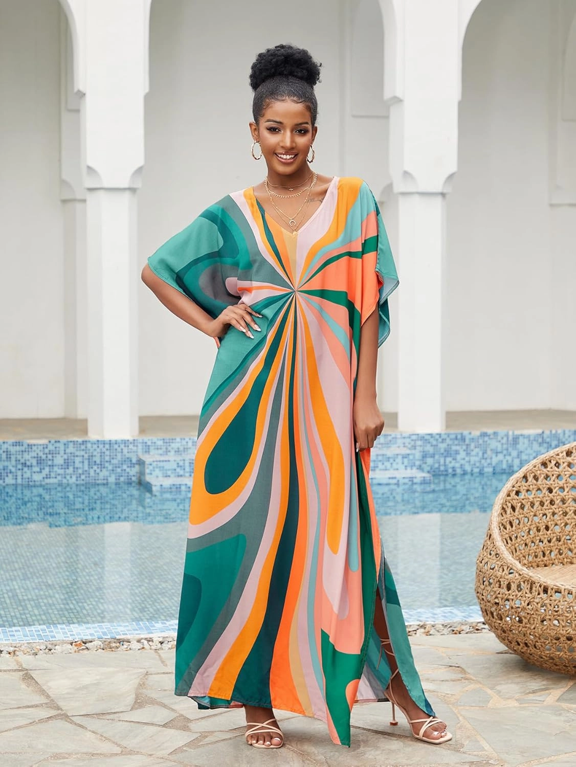 LOUSEA Caftans for Women Plus Size Swim Cover up Vneck Batwing Dress Loose fit Moroccan Caftan mumu Dresses for Women