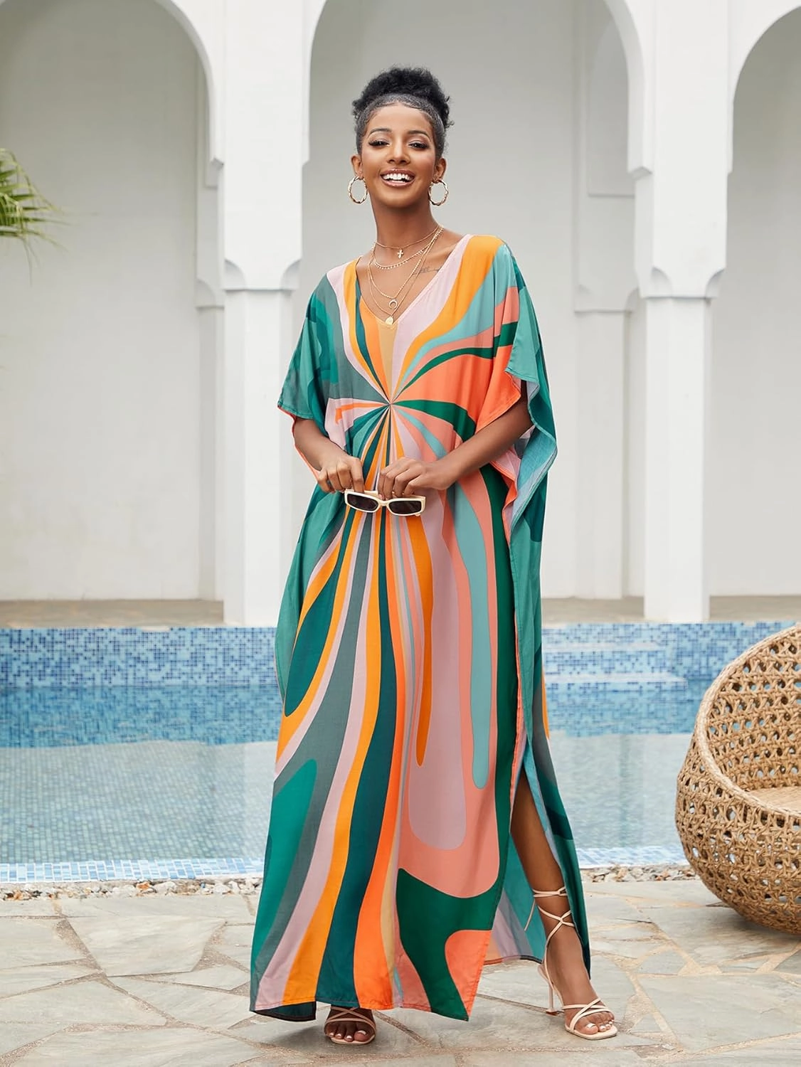 LOUSEA Caftans for Women Plus Size Swim Cover up Vneck Batwing Dress Loose fit Moroccan Caftan mumu Dresses for Women