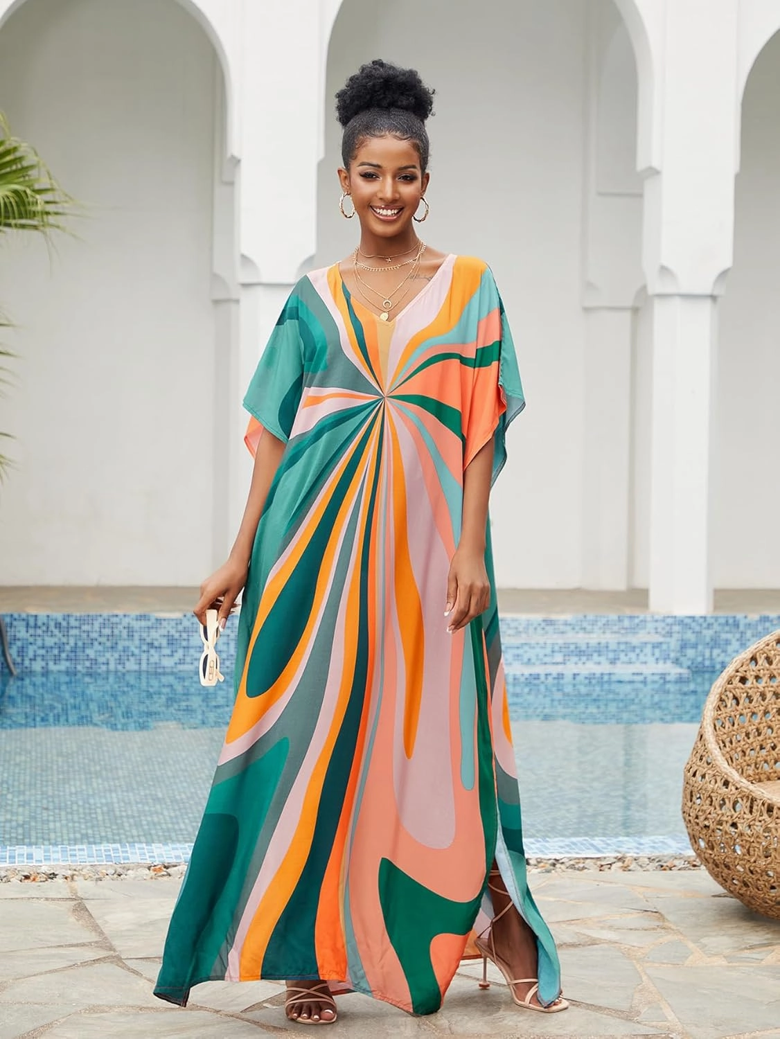 LOUSEA Caftans for Women Plus Size Swim Cover up Vneck Batwing Dress Loose fit Moroccan Caftan mumu Dresses for Women