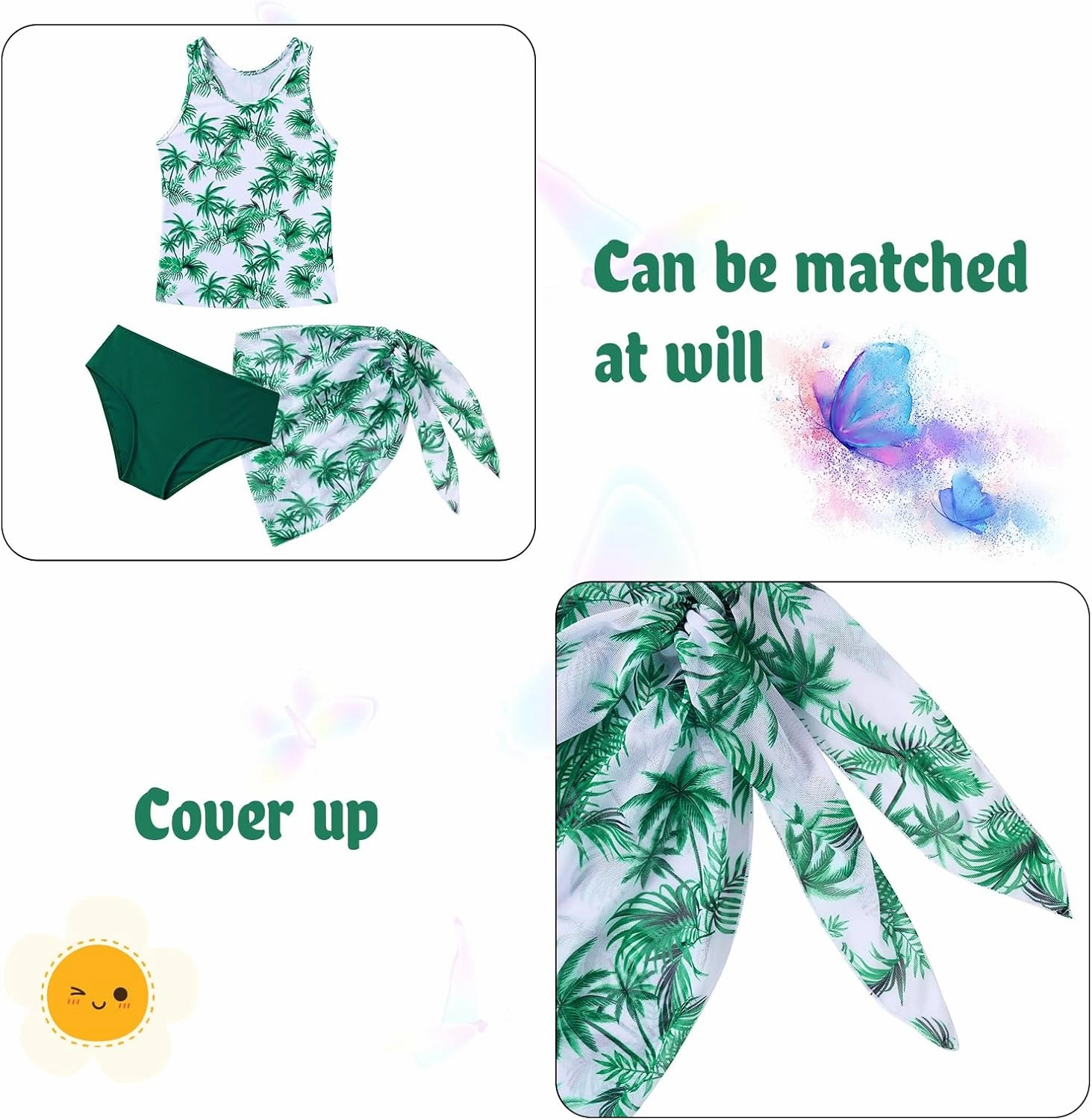 Lovekider 6-12 Years Girls 3 Piece Bathing Suit Quick Dry Swimsuit Tankini Set with Cover Up UPF 50  Swimwear