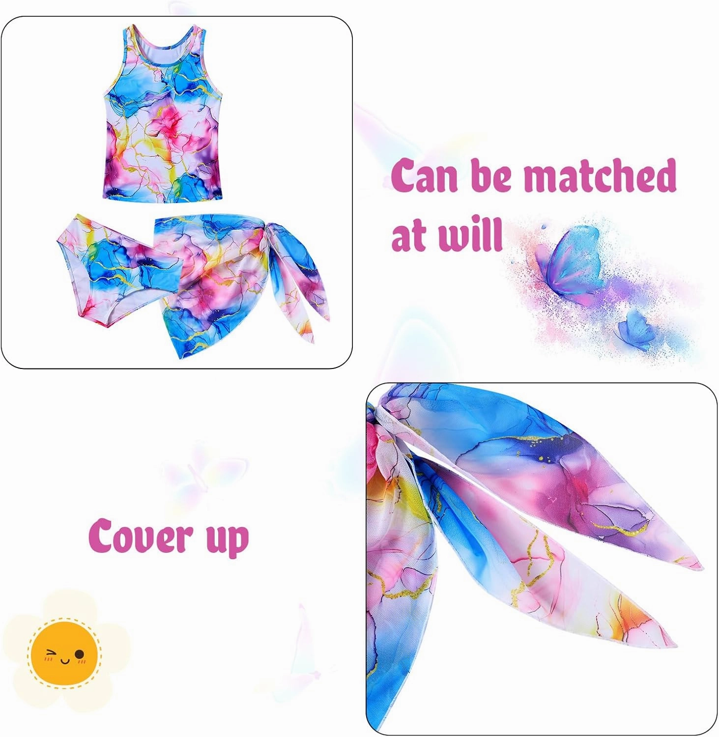 Lovekider 6-12 Years Girls 3 Piece Bathing Suit Quick Dry Swimsuit Tankini Set with Cover Up UPF 50  Swimwear