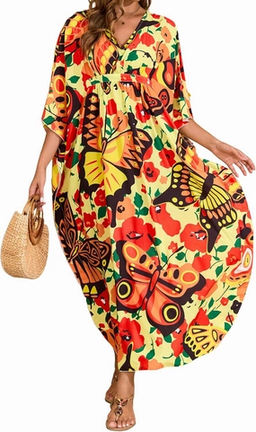 MAKABO Kaftan Dresses for Women, Summer Hawaii Swimsuit Cover Up, V Neck Caftan Beach Vacation Print Dress