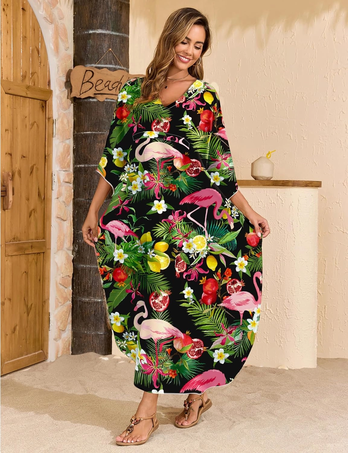 MAKABO Kaftan Dresses for Women, Summer Hawaii Swimsuit Cover Up, V Neck Caftan Beach Vacation Print Dress