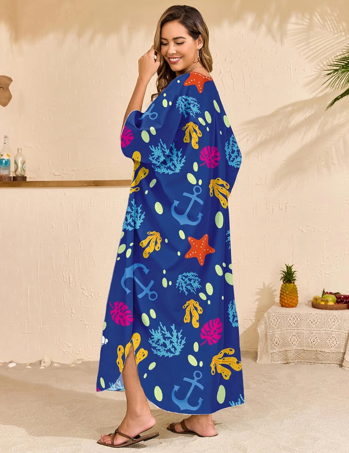 MAKABO Kaftan Dresses for Women, Summer Hawaii Swimsuit Cover Up, V Neck Caftan Beach Vacation Print Dress