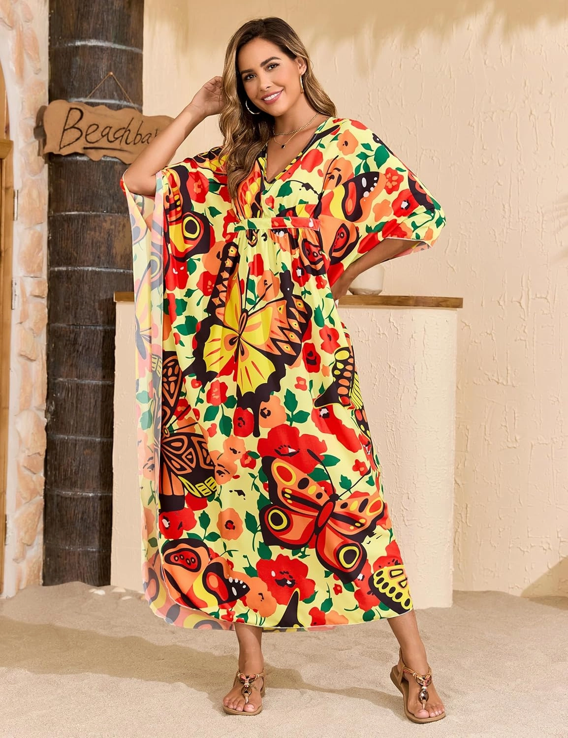 MAKABO Kaftan Dresses for Women, Summer Hawaii Swimsuit Cover Up, V Neck Caftan Beach Vacation Print Dress