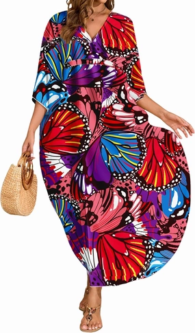 MAKABO Kaftan Dresses for Women, Summer Hawaii Swimsuit Cover Up, V Neck Caftan Beach Vacation Print Dress