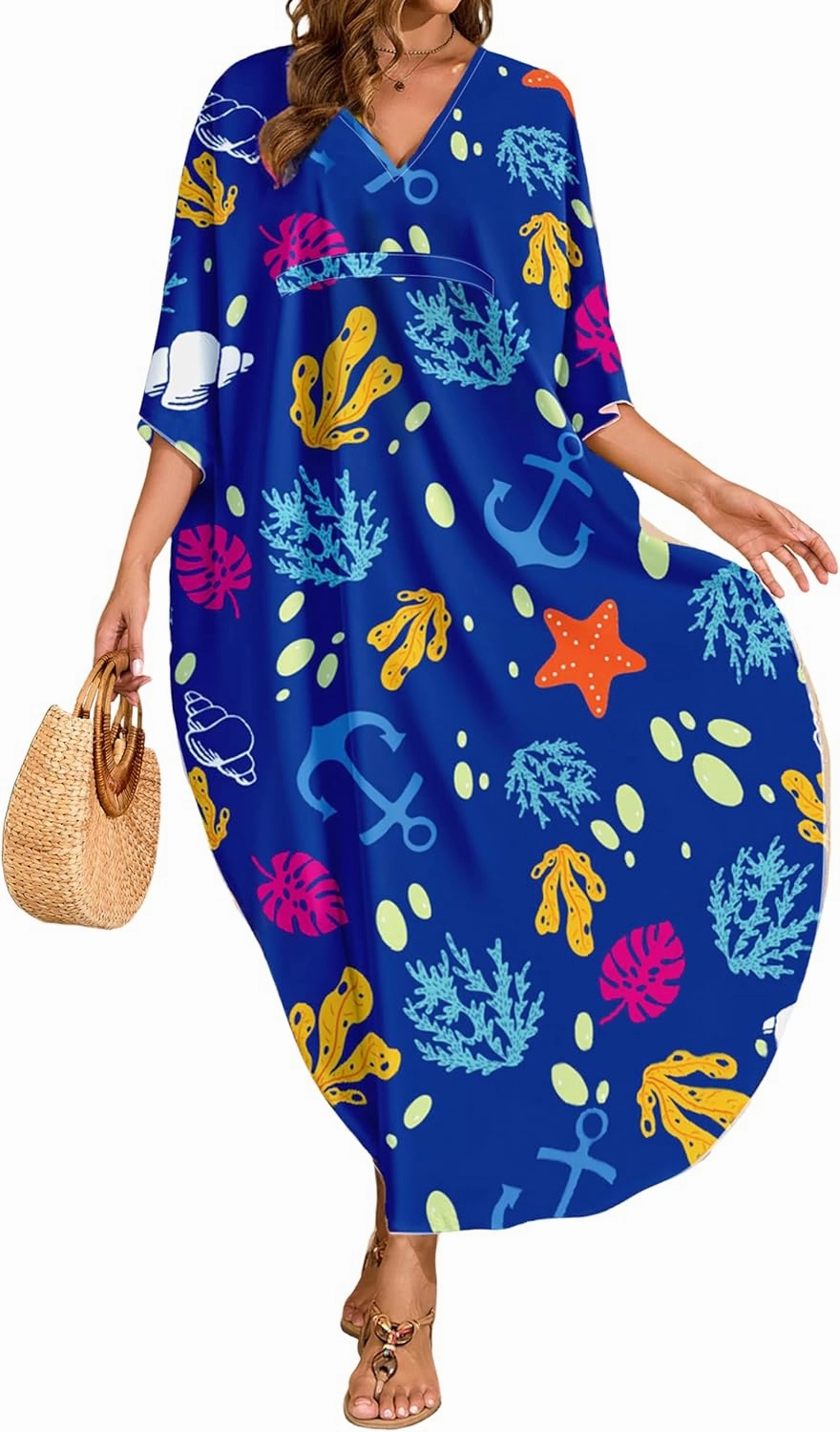 MAKABO Kaftan Dresses for Women, Summer Hawaii Swimsuit Cover Up, V Neck Caftan Beach Vacation Print Dress