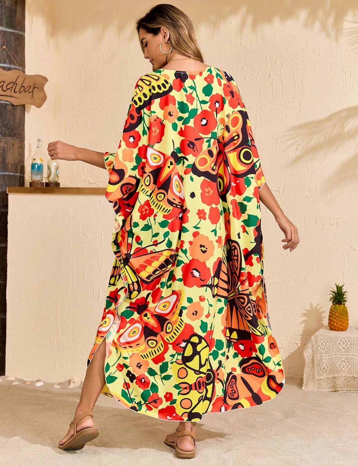 MAKABO Kaftan Dresses for Women, Summer Hawaii Swimsuit Cover Up, V Neck Caftan Beach Vacation Print Dress