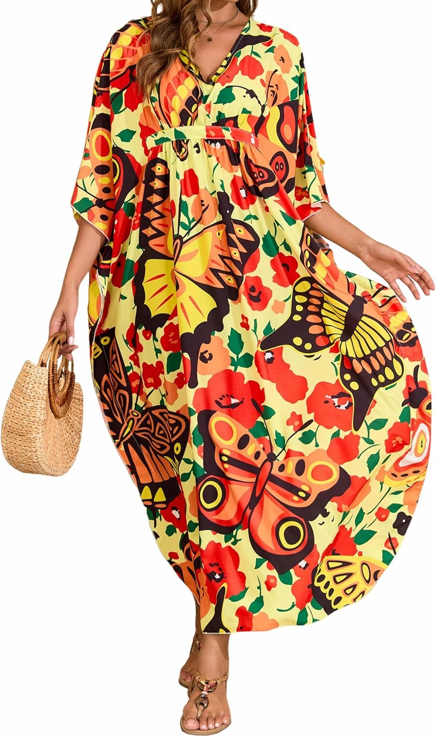 MAKABO Kaftan Dresses for Women, Summer Hawaii Swimsuit Cover Up, V Neck Caftan Beach Vacation Print Dress
