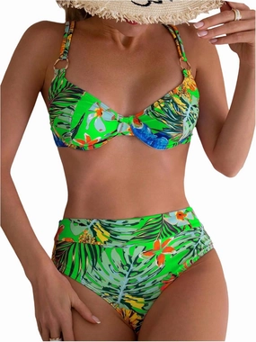 MakeMeChic Women's 2 Piece Floral Bikini Set Ring Linked Underwire High Waist Bathing Suit Swimsuit