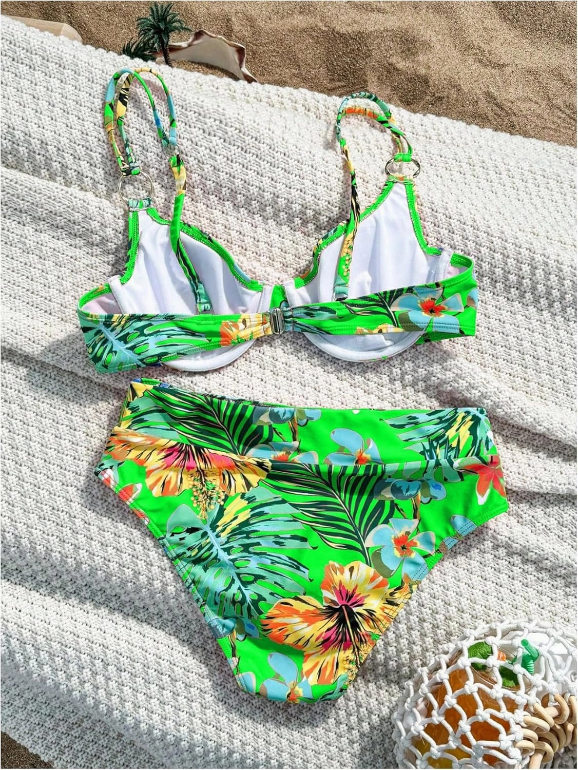 MakeMeChic Women's 2 Piece Floral Bikini Set Ring Linked Underwire High Waist Bathing Suit Swimsuit