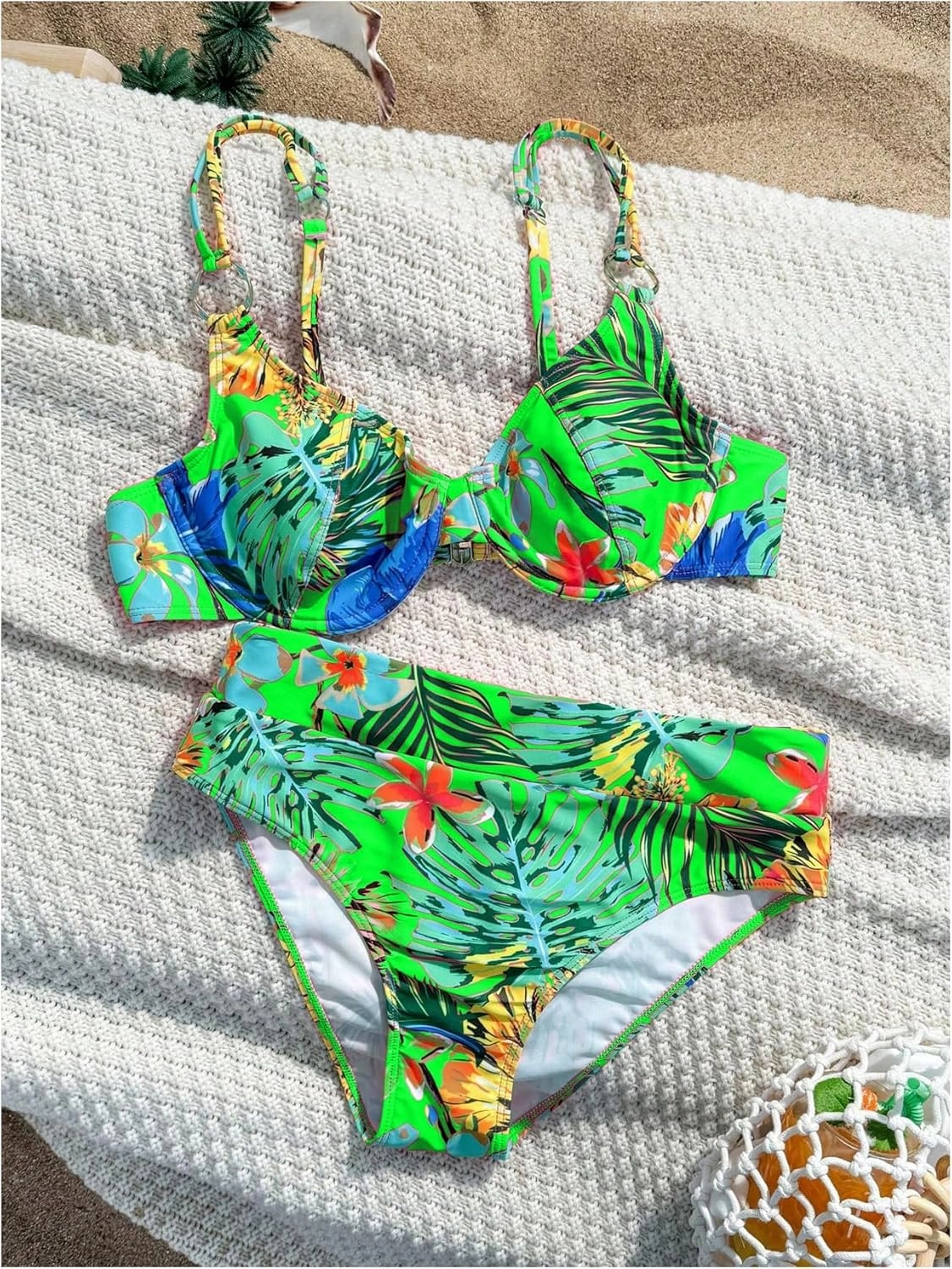 MakeMeChic Women's 2 Piece Floral Bikini Set Ring Linked Underwire High Waist Bathing Suit Swimsuit