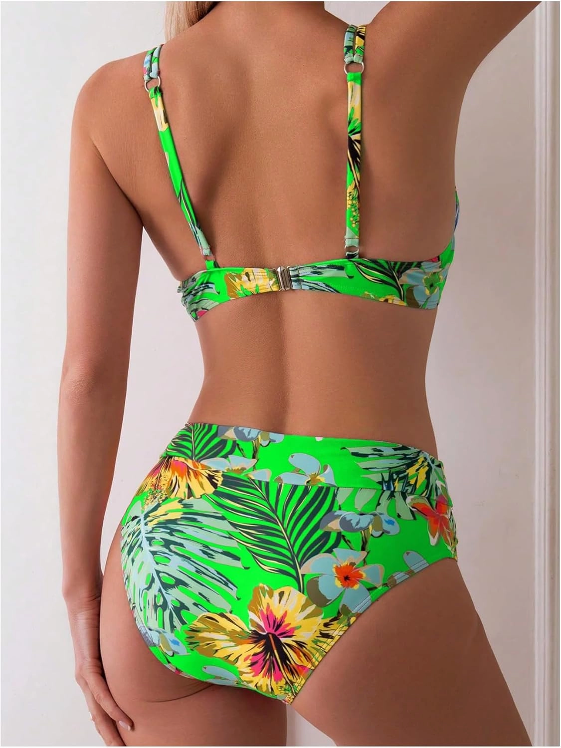 MakeMeChic Women's 2 Piece Floral Bikini Set Ring Linked Underwire High Waist Bathing Suit Swimsuit
