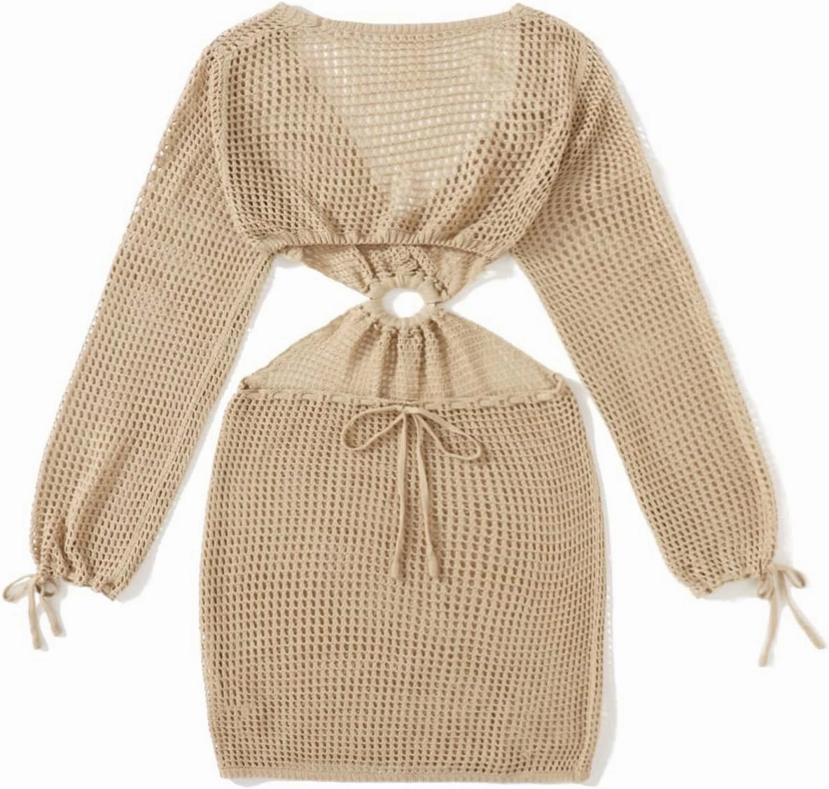 MakeMeChic Women's Crochet Cover Up Long Sleeve Knitted Swim Beach Cover Up Dress Swimwear