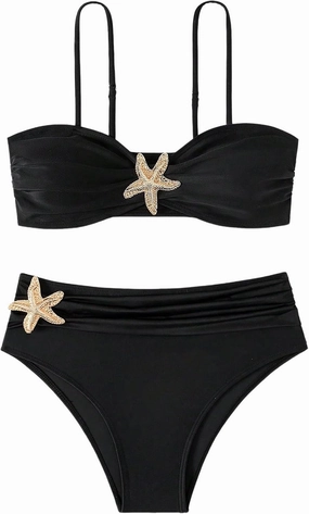 MakeMeChic Women's High Waist Bikini Set Metal Starfish Ruched Spaghetti Strap Bathing Suit