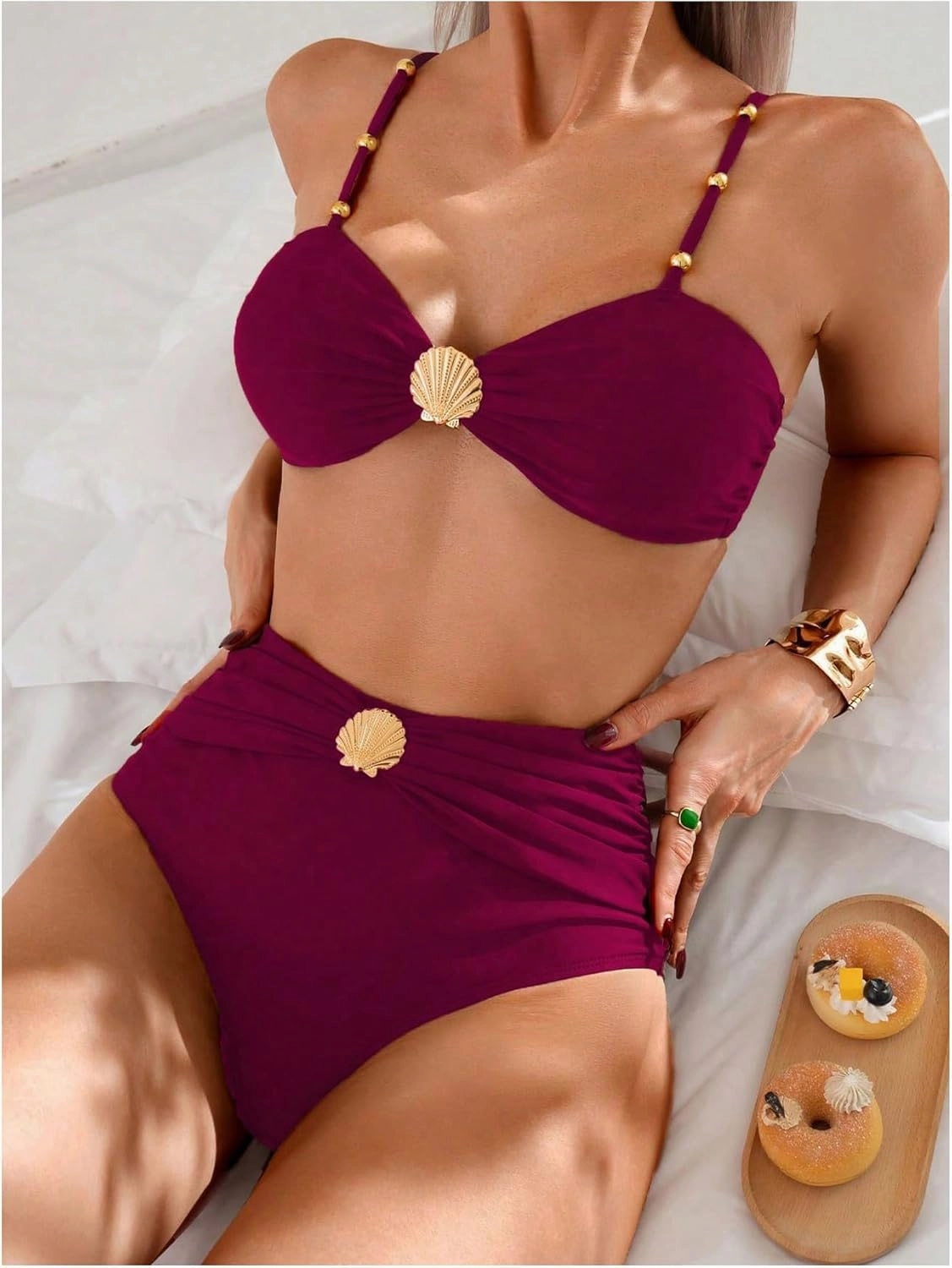 MakeMeChic Women's High Waisted Bikini Sets Metal Shell Swimsuit Bathing Suit Swimwear