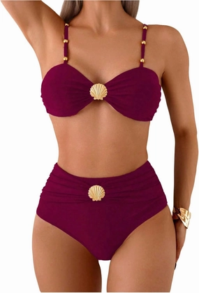 MakeMeChic Women's High Waisted Bikini Sets Metal Shell Swimsuit Bathing Suit Swimwear