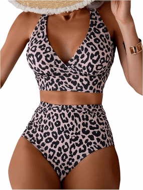 MakeMeChic Women's Leopard Print High Waisted Bikini Sets Halter Bathing Suit Swimsuits