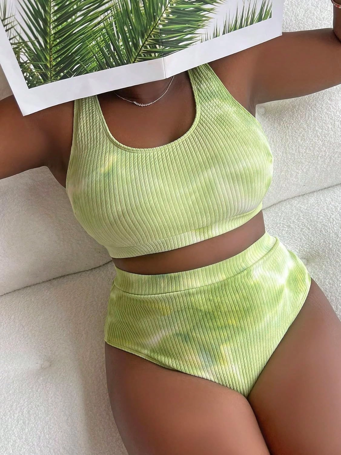 MakeMeChic Women's Plus Size 2 Piece Bathing Suits Tie Dye High Waisted Ribbed Bikini Swimsuits