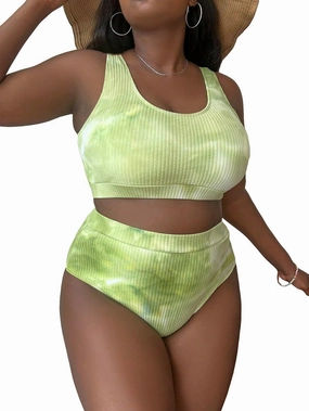MakeMeChic Women's Plus Size 2 Piece Bathing Suits Tie Dye High Waisted Ribbed Bikini Swimsuits