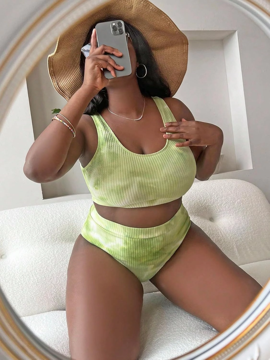 MakeMeChic Women's Plus Size 2 Piece Bathing Suits Tie Dye High Waisted Ribbed Bikini Swimsuits