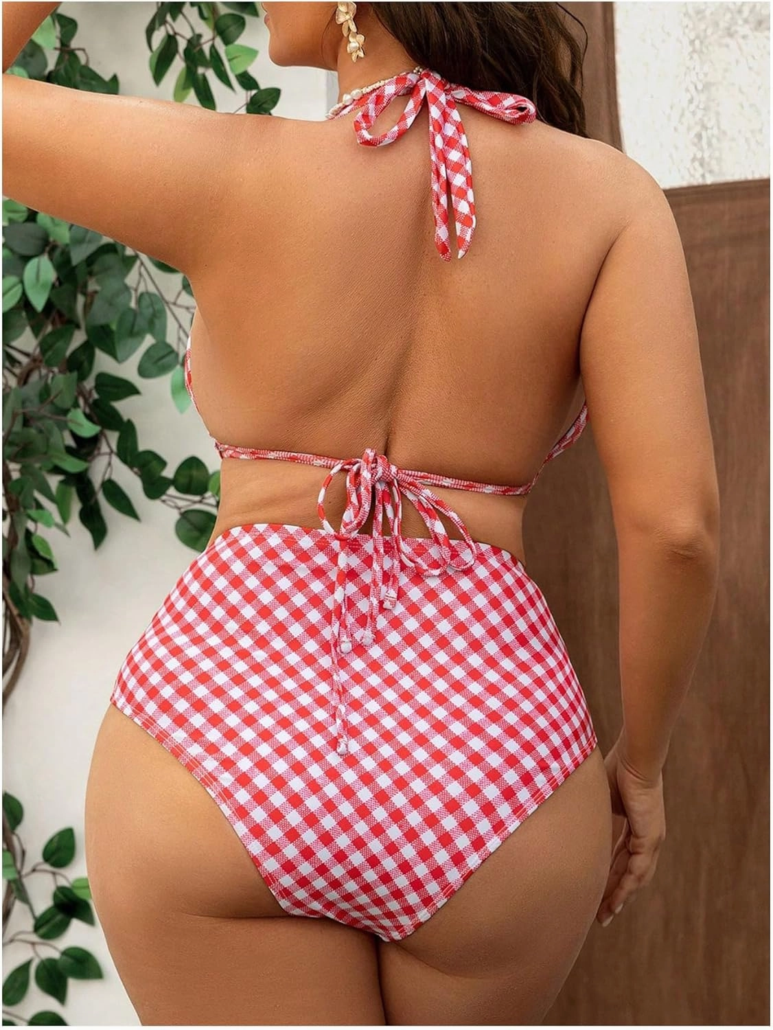 MakeMeChic Women's Plus Size 2 Piece Bikini Set Plaid Halter Tie Backless Swimwear Bathing Suit