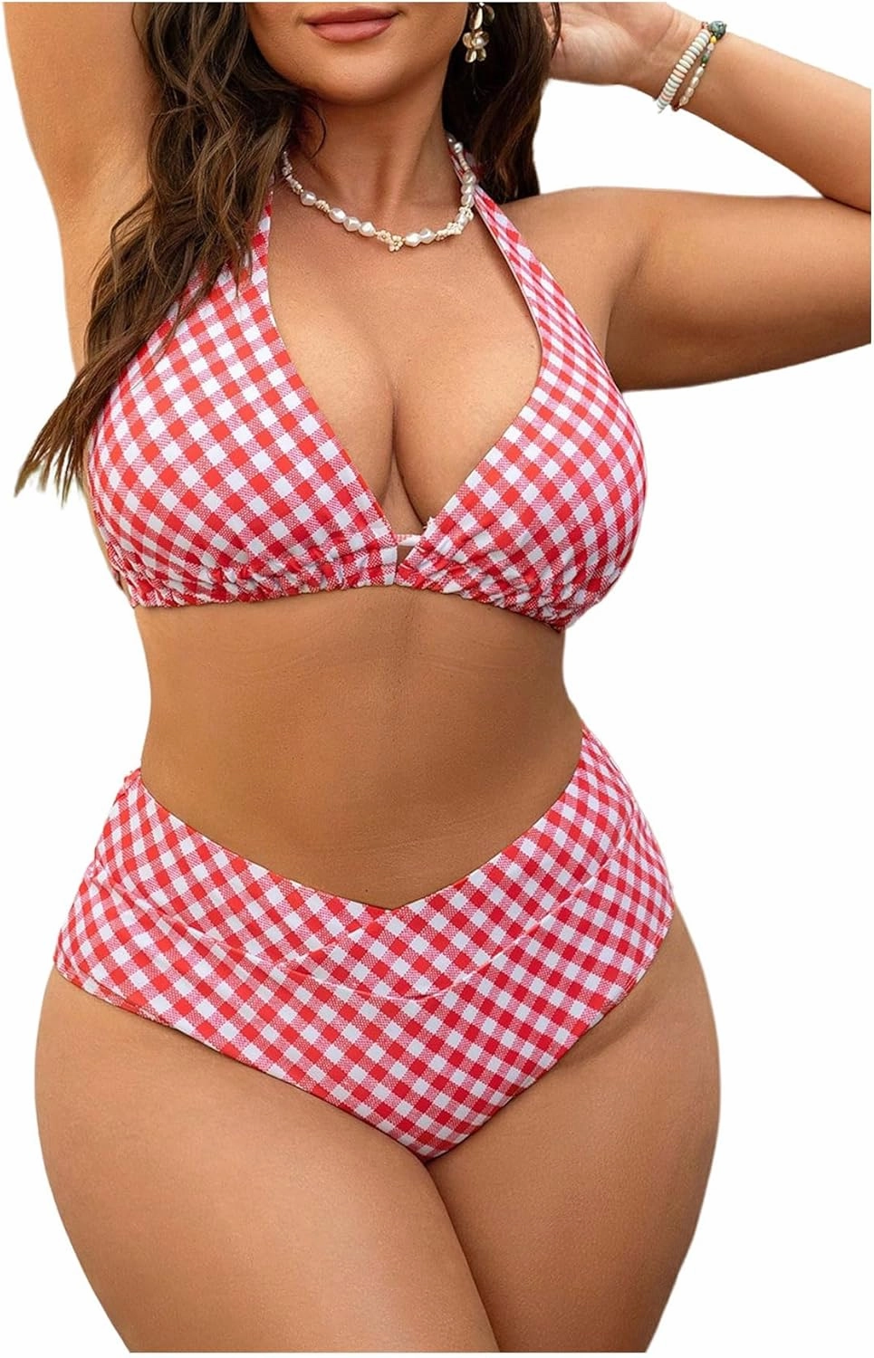 MakeMeChic Women's Plus Size 2 Piece Bikini Set Plaid Halter Tie Backless Swimwear Bathing Suit
