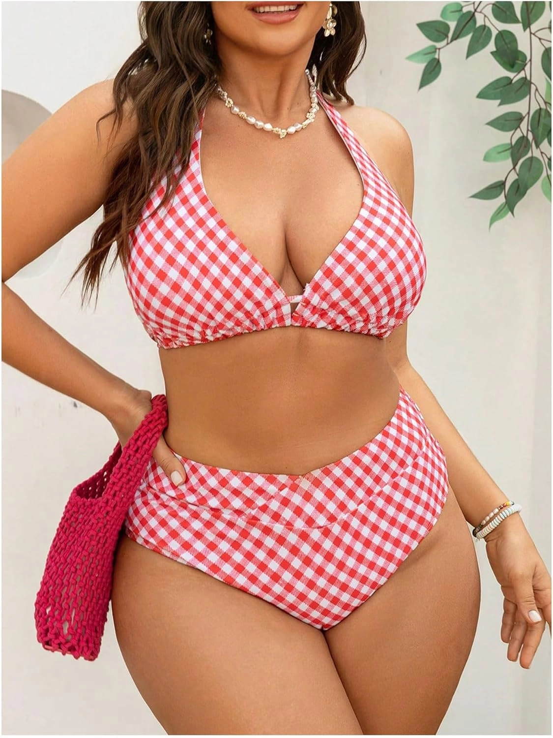 MakeMeChic Women's Plus Size 2 Piece Bikini Set Plaid Halter Tie Backless Swimwear Bathing Suit