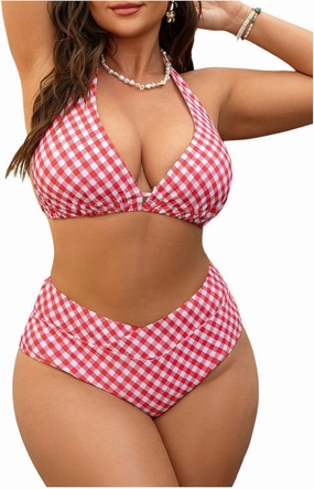 MakeMeChic Women's Plus Size 2 Piece Bikini Set Plaid Halter Tie Backless Swimwear Bathing Suit