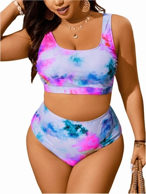 MakeMeChic Women's Plus Size 2 Piece Bikini Sets Textured Tie Dye High Waist Summer Swimsuit Bathing Suit