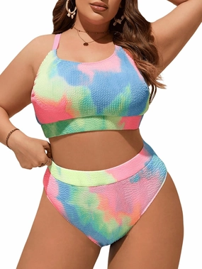 MakeMeChic Women's Plus Size 2 Piece Bikini Sets Textured Tie Dye High Waist Summer Swimsuit Bathing Suit