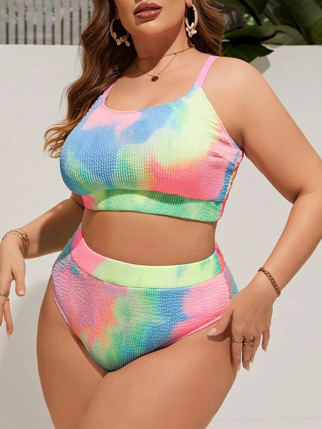 MakeMeChic Women's Plus Size 2 Piece Bikini Sets Textured Tie Dye High Waist Summer Swimsuit Bathing Suit