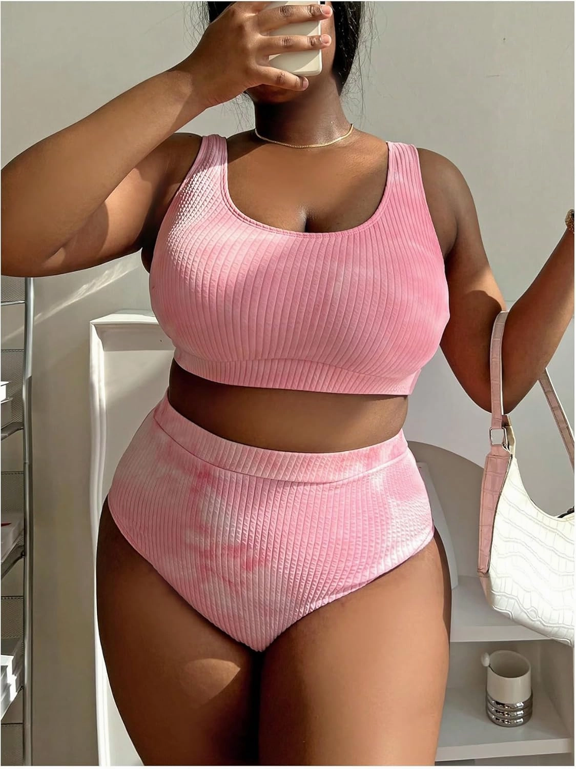 MakeMeChic Women's Plus Size 2 Piece Bikini Sets Textured Tie Dye High Waist Summer Swimsuit Bathing Suit
