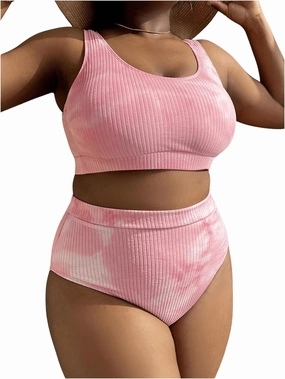 MakeMeChic Women's Plus Size 2 Piece Bikini Sets Textured Tie Dye High Waist Summer Swimsuit Bathing Suit