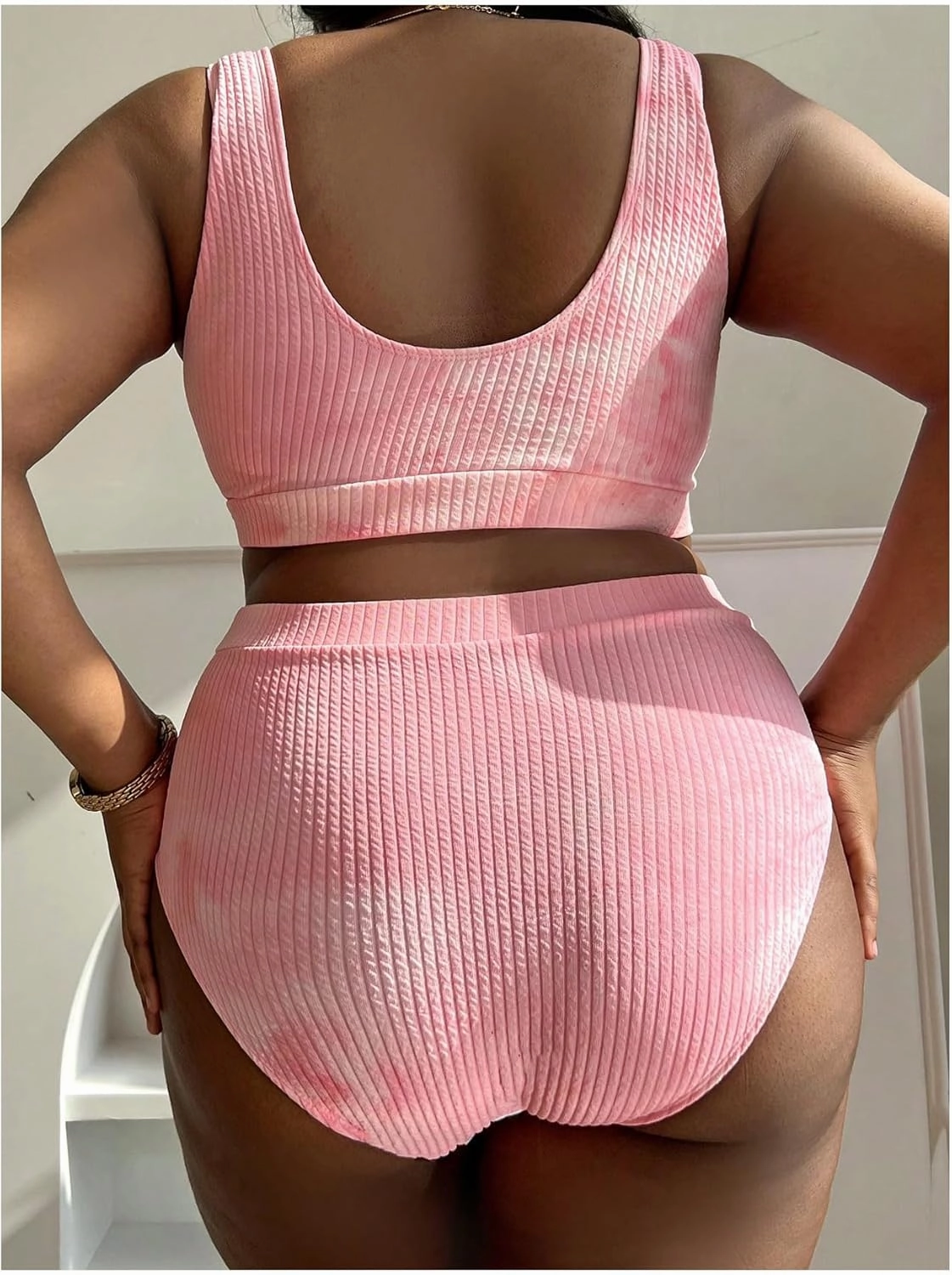 MakeMeChic Women's Plus Size 2 Piece Bikini Sets Textured Tie Dye High Waist Summer Swimsuit Bathing Suit