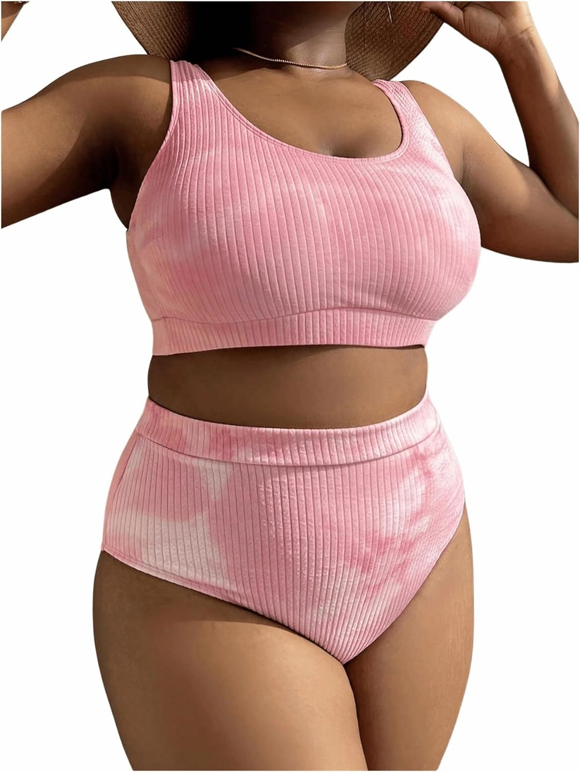 MakeMeChic Women's Plus Size 2 Piece Bikini Sets Textured Tie Dye High Waist Summer Swimsuit Bathing Suit