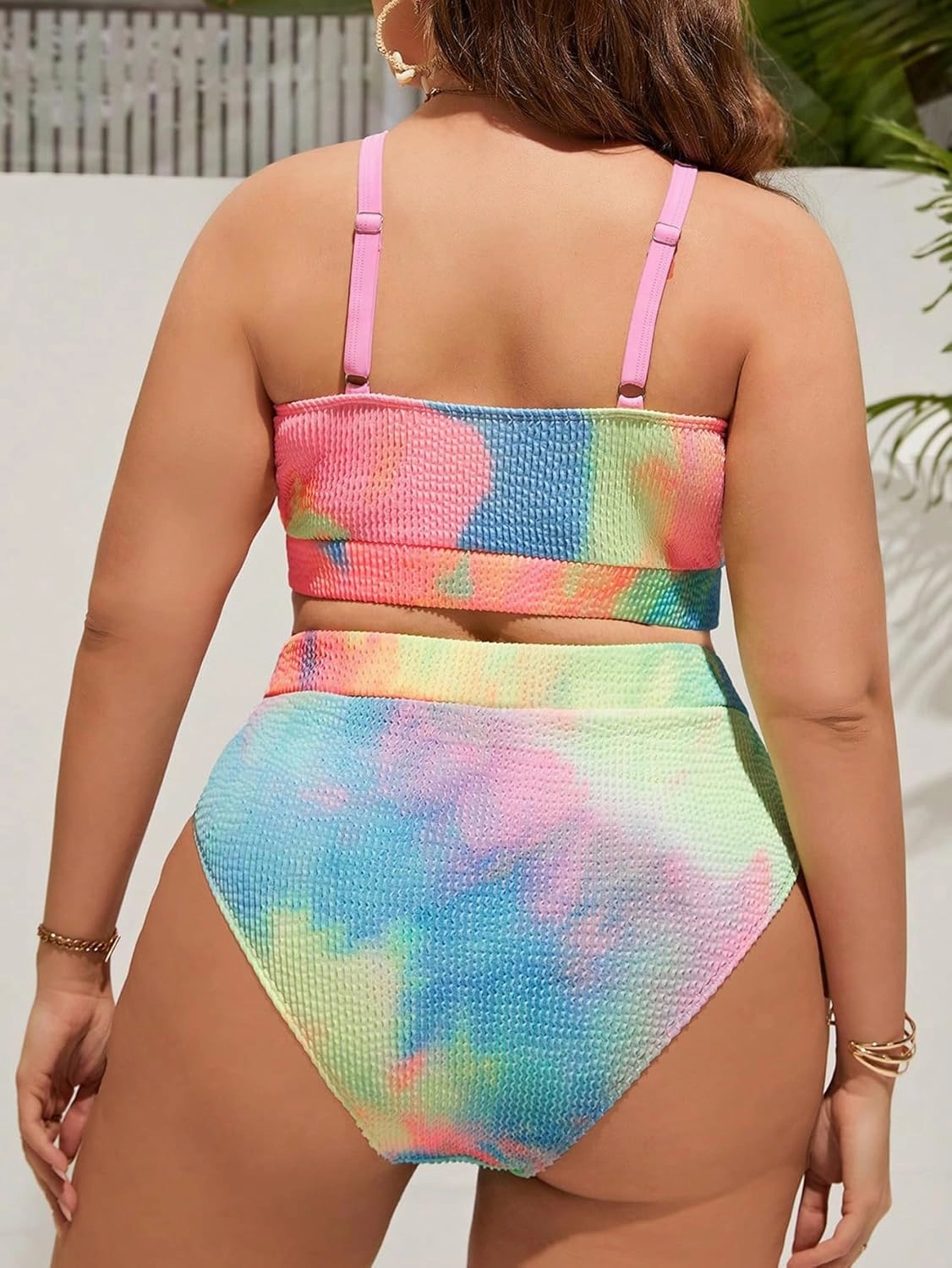 MakeMeChic Women's Plus Size 2 Piece Bikini Sets Textured Tie Dye High Waist Summer Swimsuit Bathing Suit