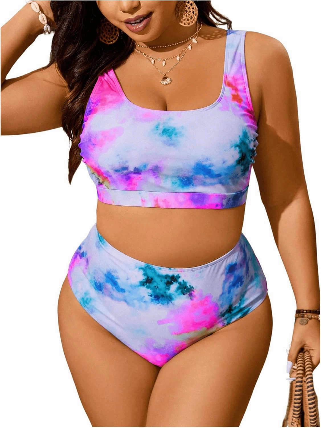 MakeMeChic Women's Plus Size 2 Piece Bikini Sets Textured Tie Dye High Waist Summer Swimsuit Bathing Suit