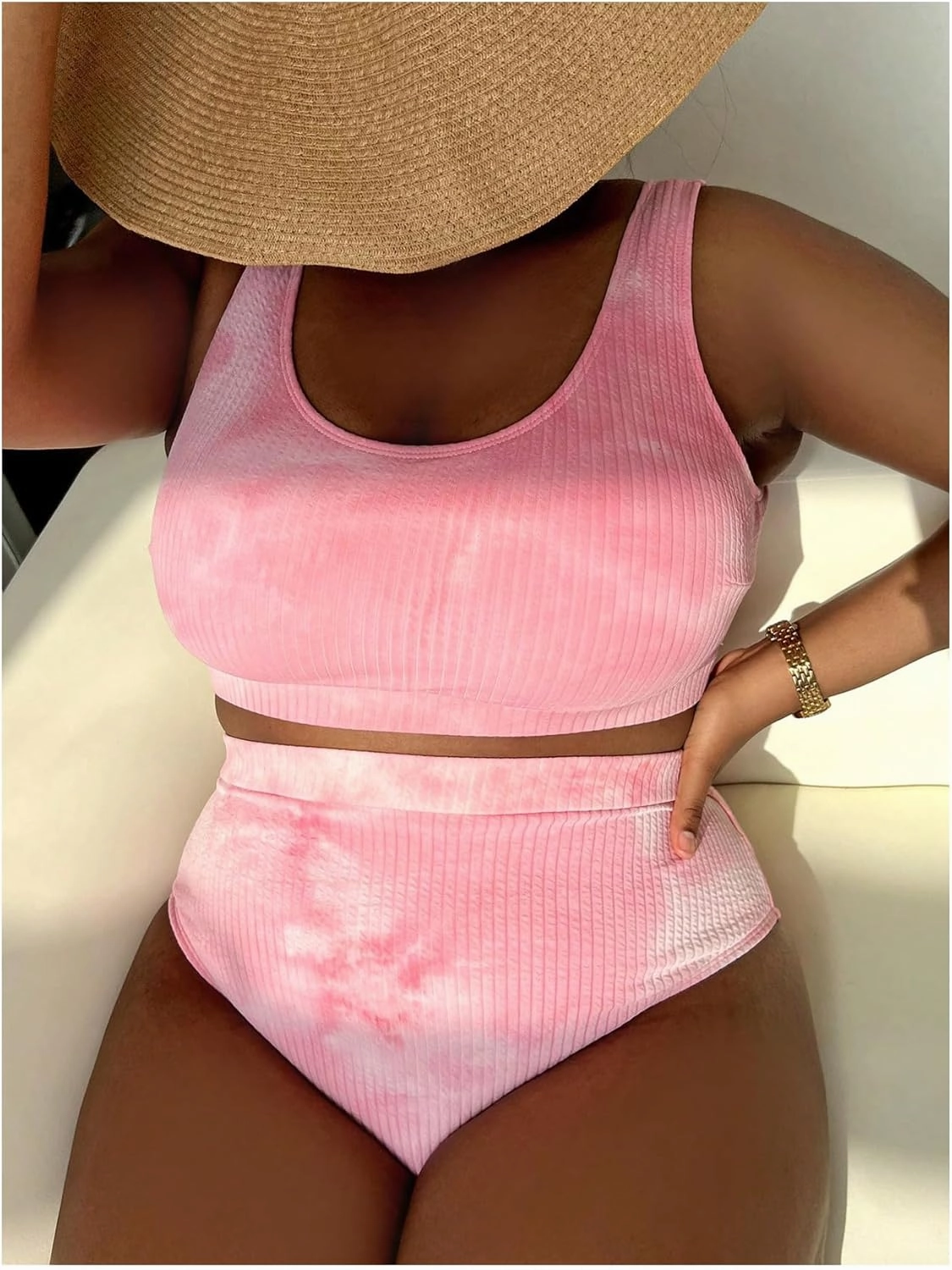 MakeMeChic Women's Plus Size 2 Piece Bikini Sets Textured Tie Dye High Waist Summer Swimsuit Bathing Suit